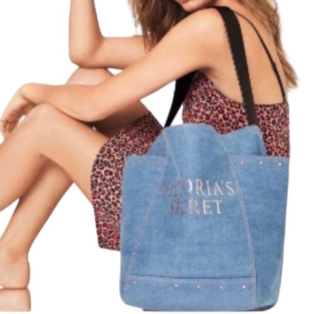 Victoria's Secret Studded Large Blue Denim Jean Tote Bag